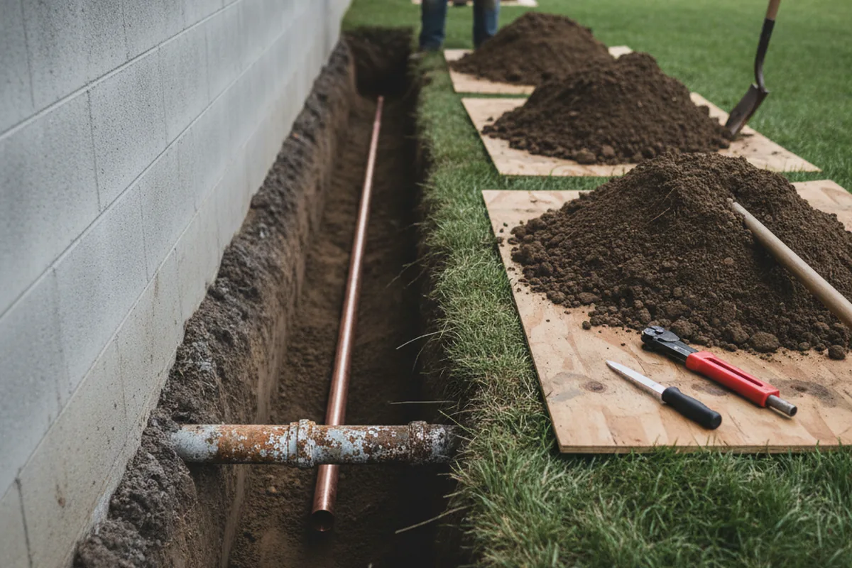 Excavated water line trench during Sewer Line Repair in Glen Campbell